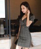 ミニドレスキャバドレスチック柄エレガントVネック小顔谷間見せ通勤エレガントタイトドレス WQ2-ZED889693A71