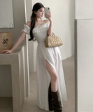 【2色】ロングドレスオフショルダーフリル着痩せ気質スリートカワセクシー宴会パーティー WQ2-XKD-D337B-3186-Mar9