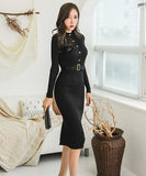 Lady's coco 膝丈ドレス キャバドレス セクシー 韓国スタイル ニットタイトワンピ 半ハイネック スリムフィット ウエストマーク ミディ丈 LW2-DD6029