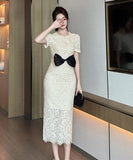 手作りドレスロングドレス膝丈ドレスレースリボン着痩せ気質宴会パーティー二次会セレブ風高級感 WQ2-JY21675