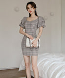 ミニドレス キャバドレス かわいい チェック 着痩せ おしゃれ パフ袖 YH2-ZED882568BH506