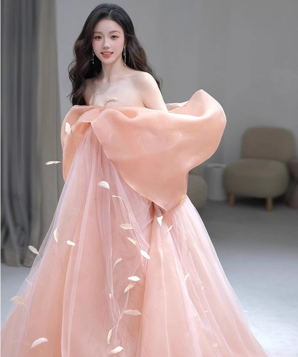 ロングドレス キャバドレス パーティードレス ピンク 羽根付き 蝶結び