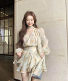 ミニドレスキャバドレスチュール袖付きエレガント通勤気質同伴Vネック小顔花柄パフスリーブ WQ2-XKD-D355-5088-Apr6