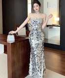 ロングドレスキラキラキャバドレスベアトップセクシー高級感誕生日パーティー宴会マーメイドドレス WQ2-DD4299