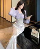 ロングドレス高級感袖付きマーメイドドレス着痩せ気質宴会パーティーセレブ風ハイウエストセクシーパープル WQ2-XKD-D337B-3437-May2