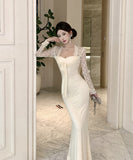 Lady's coco ロングドレス キャバドレス セクシー レース切り替え リボン付き フェイクツーピース タイトマーメイドワンピース ウエストシェイプ パーティー 二次会 披露宴 デート LW2-OYF5693