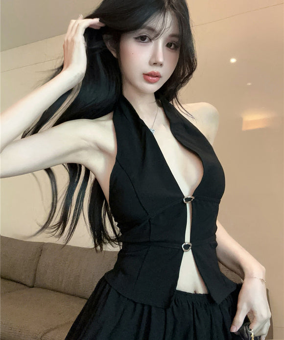 【2点セット】ミニドレス キャバドレス セクシー ホルターネック クロップドトップス 花びらスカート セットアップ  体型カバー LW2-SB6556