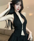 【2点セット】ミニドレス キャバドレス セクシー ホルターネック クロップドトップス 花びらスカート セットアップ  体型カバー LW2-SB6556