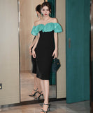 手作りドレス高級感膝丈ドレスフリルおしゃれエレガント着痩せ気質宴会パーティー WQ2-JY21140