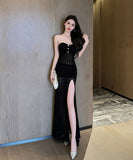 ロングドレス パーティードレス ゴージャス セクシー 脚長効果 背露出 透け感 YH2-YM9166