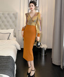 2色 手作り 膝丈ドレス 高品質 宴会 チュール Ｖネック 高級感 おしゃれ YH2-JY70253