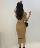 【2色】Lady's coco ロングドレス キャバドレス セクシー クルーネック 長袖 バイカラー ニットワンピース ポケット付き ウエストリボン LW2-DD6031