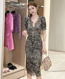 2色 レース 手作り 膝丈ドレス高品質 Ｖネック セレブ風 おしゃれ YH2-JY20459