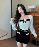 【2点セット】ミニドレス セクシー ツバキモチーフ シャネル風デザイントップス × ベルベットタイトスカートセットアップ 上品フィット＆美シルエット 女子会 デート JC2-XKDD426-7120-7121-Sep18