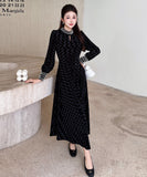 【ロング＆ミニ】ヘップバーン風 ベロアドレス ビジュー 上品 デート 女子会 LW2-DD6026