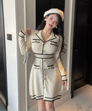 【2色】ミニドレス キャバドレス ツイード風 ニット 長袖 着痩せ バイカラー エレガント 小柄向け デート 女子会 JC2-DD5603