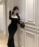 ロングドレス キャバドレス マーメイドドレス ニット 大人可愛い 上品 女性らしい モノクローム 拼接レース パーティー 二次会 JC2-XKDD337B-2016-Aug25