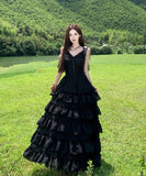 ロングドレス フレンチフェミニン エレガント レース切替 Vネック キャミワンピ ウエストシェイプ ティアードフレア 上品 大人可愛い デート お出かけ 結婚式 JC2-CD3-141-5510900