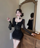 【2色】ミニドレス キャバドレス セクシー ボディコン メッシュ ロングスリーブ ミニ丈 夜会 デート ナイトクラブ JC2-DD5514