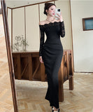 Lady's coco ロングドレス キャバドレス セクシー　オフショルダー レース切り替え セクシー スリムフィット エレガントドレス 結婚式 二次会 披露宴 パーティー 上品 LW2-DD5922