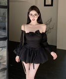 Lady's coco ミニドレス キャバドレス セクシー  立体シルエット オフショルダー  ウエストマーク フレア パフスカート フェアリー ガーリー デート LW2-XKDD435B-8892-Oct15