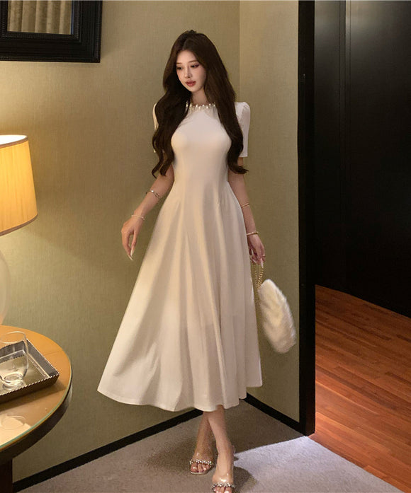 ロングドレス エレガント パールカラー フレンチスタイル ハイウエスト Aライン フレア パーティー デート 結婚式のお呼ばれ JC2-LQE1201HF350
