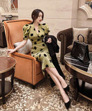 ロングドレスパフスリーブ水玉柄エレガントセクシー通勤韓国っぽハイウエスト着痩せVネック WQ2-ZED883562A71