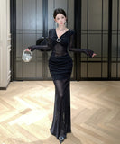 Lady's coco ロングドレス キャバドレス セクシー ストーン 深Vネック シースルー タイト マーメイドワンピース LW2-OYF8722