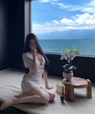 ミニドレスキャバドレスレースVネック小顔リボンカワセクシー高級感着痩せ気質通勤sweetie WQ2-XKD-D318A-6324-May10