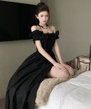 【2色】ロングドレスオフショルダーフリル着痩せ気質スリートカワセクシー宴会パーティー WQ2-XKD-D337B-3186-Mar9