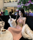 ロングドレスホルターネックセクシーエレガントバックレスドレスエレガント刺繍セレブ風同伴 WQ2-XHY911095