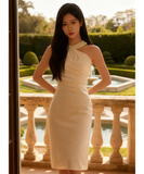 膝丈ドレス キャバドレス セクシー ギャザー ハンドメイド ノースリーブ サテン ホルターネック パール装飾 エレガント パーティー 女子会 JC2-HX250924