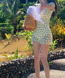 【2色】水着ビキニワンピース花柄Vネックリボンカワセクシー温泉ビーチ海レース WQ7-JX243052JX65