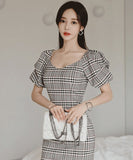 ミニドレス キャバドレス かわいい チェック 着痩せ おしゃれ パフ袖 YH2-ZED882568BH506