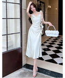 【3色】膝丈ドレス セクシー フレンチ風 ドレープネック スリット サテンキャミワンピ エレガント 花柄プリーツ バックレス パーティー 二次会 JC2-CD2-655-65480580