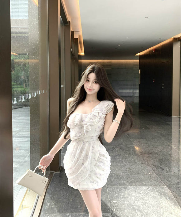 【2色】ミニドレスキャバドレスワンーショルダーフリルカワセクシー非対称同伴花柄レースパーティー WQ2-XKD-D355-6857-Apr16