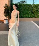 【2点セット】 ロングドレス キャバドレス セクシー アシンメトリー ホルターネック トップス×マーメイドスカート セットアップ エレガントスタイル LW2-XHY918259