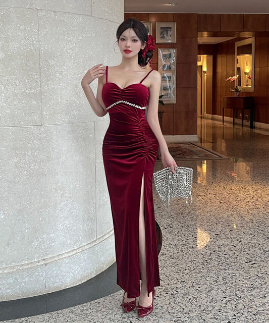 Lady's coco ロングドレス キャバドレス  セクシー ベロア キャミワンピース スリット入り 上品セクシー ハイウエスト ドレス  結婚式 二次会 披露宴 パーティー 上品 LW2-DD5946