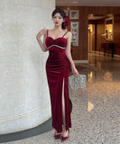 Lady's coco ロングドレス キャバドレス  セクシー ベロア キャミワンピース スリット入り 上品セクシー ハイウエスト ドレス  結婚式 二次会 披露宴 パーティー 上品 LW2-DD5946