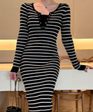 Lady's coco ロングドレス キャバドレス セクシー 秋冬新作 ニットワンピース クルーネック 長袖 ストライプ柄 タイトシルエット ミディ丈 LW2-DD6032