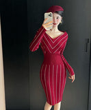 【5色】膝丈ドレス キャバドレス 上品Vネック 配色 ニットワンピース エレガント 大人可愛い ツイード風 長袖 JC2-DD5603