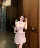 ミニドレスAラインリボン着痩せ気質パーティー宴会セレブ風夏エレガントSNS話題同伴 WQ2-MXX2210