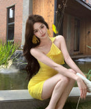 ミニドレスキャバドレスワンーショルダーセクシーイエロードレスチュールセクシー宴会パーティーナイトクラブ WQ2-MXX728