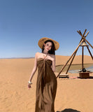 Lady's coco ロングドレス キャバドレス  セクシー 上品 レトロ  ホルターネック バックレス リゾート風 シャーリング デザイン LW2-CD1-E215-63120550