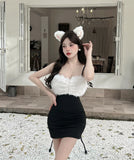 【2色】 ミニドレス キャバドレス セクシー キャミワンピース フェザー切り替え シースルー タイトミニドレス LW2-DD6012