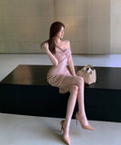 Lady's coco 膝丈ドレス キャバドレス セクシー アシンメトリー セクシー ねじりデザイン ピンク オフショルダー ベアトップ タイトワンピース ウエストマーク LW2-CD5-109-85060480