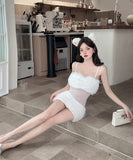 【2色】 ミニドレス キャバドレス セクシー キャミソールワンピース 透けメッシュ×フェザー切り替え タイトセクシー ドレス Vネック LW2-DD6013