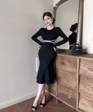 膝丈ドレス キャバドレス セクシー フェミニン ニットワンピース ラウンドネック ウエストマーク マーメイドライン 大人可愛い  デート LW2-ZED885053GT510D