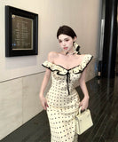 ロングドレス水玉柄マーメイドドレスフリルエレガント通勤セレブ風着痩せ大人可愛い同伴韓国っぽ WQ2-XKD-D355-6891-May16
