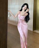 ロングドレスホルターネック谷間見せセクシーフラワーバックレスドレスナイトクラブパーティー誕生日ドレス WQ2-DD4825